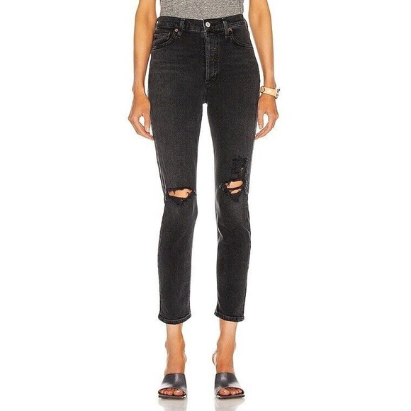 Agolde Nico High Rise Slim Straight Denim Jeans Distressed Cassette Black Sz 25 - Picture 1 of 10